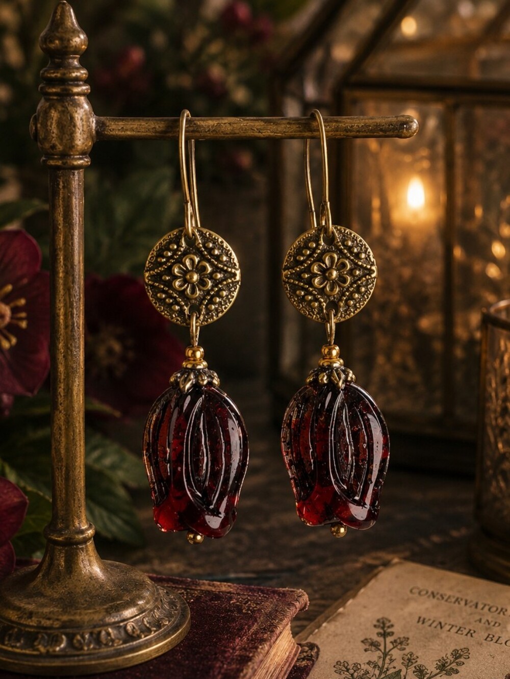 Ruby Czech Glass Earrings Vintage Brass Botanical Jewelry Hand Crafted